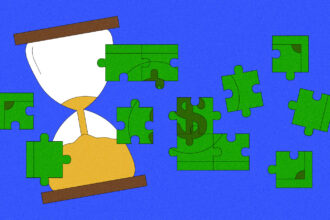 Illustration of hourglass and puzzle pieces combining to create a dollar bill