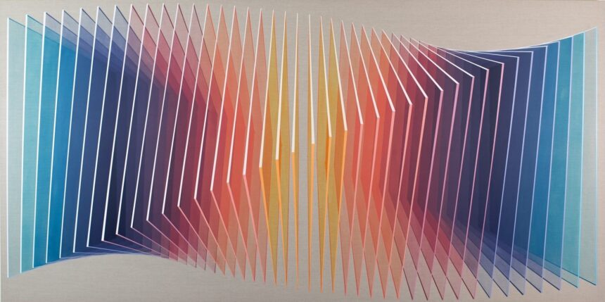 a colorful, geometric painting of numerous planes that appear to curve in a helix shape, connected through a gradient of color that moves from blue to violet to orange to yellow and back again