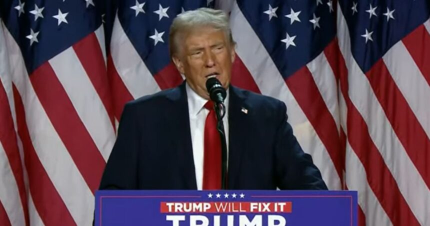 Former President Donald Trump speaking after declaring victory in the 2024 Election on November 6, 2024.