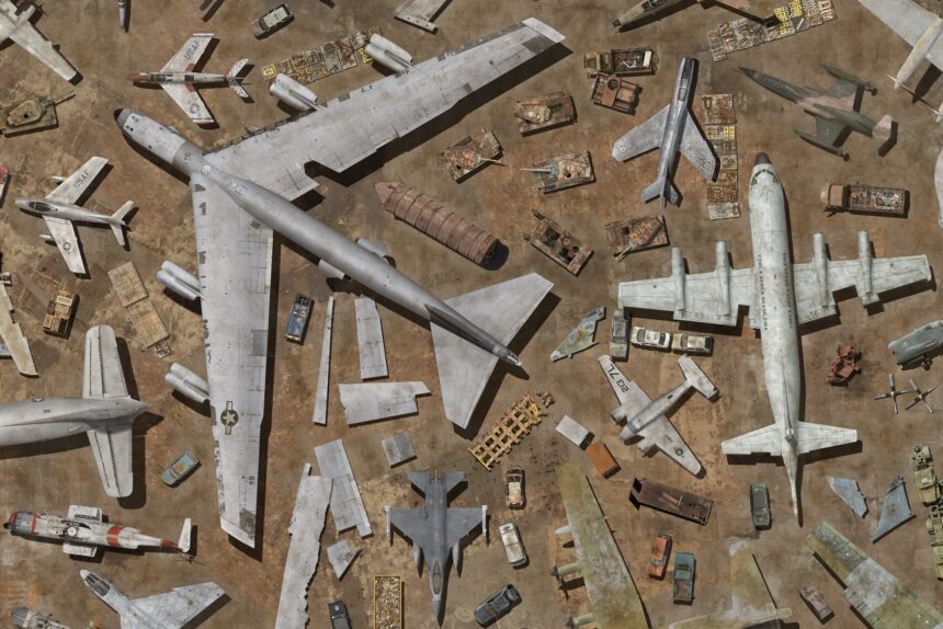 a digitally created aerial composite image of numerous disused military airplanes, tanks, and other vehicles