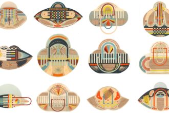 a set of 12 UFO-inspired abstract paper and stitched collages