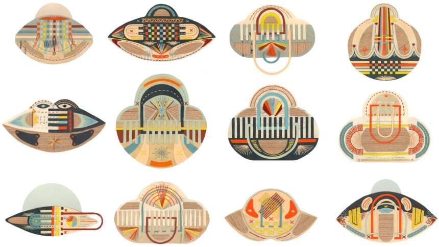 a set of 12 UFO-inspired abstract paper and stitched collages