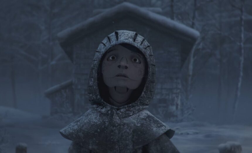 a still from a short film titled 'Return to Hairy Hill,' featuring a young girl with a paper-like face, looking up past the viewer