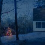 a painting of a nighttime winter scene with part of a house and a glowing christmas tree