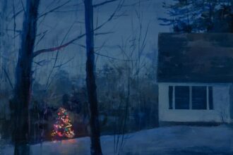 a painting of a nighttime winter scene with part of a house and a glowing christmas tree