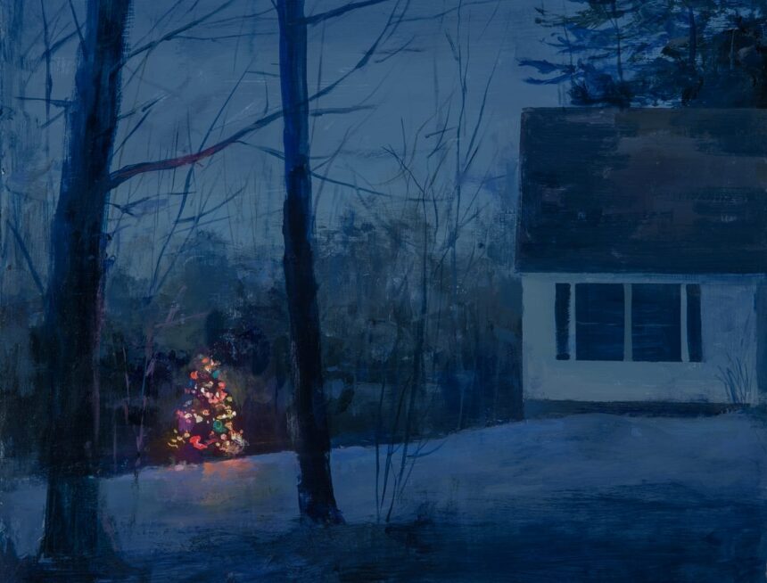 a painting of a nighttime winter scene with part of a house and a glowing christmas tree