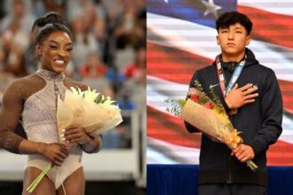 Simone Biles reacts to Yul Moldauer