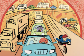 An illustration shows slow proteins in a traffic jam