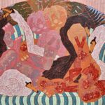 a vibrant work of people and swan sitting on a green striped couch in a mishmash of limbs. the color palette is largely orange, pink, and red