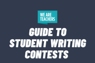 We Are Teachers logo and text that says Guide to Student Writing Contests on dark background