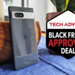 Google Pixel 7a next to Tech Advisor Black Friday Approved Deal badge