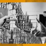 A collage of black and white images of hands and electrical transmission towers