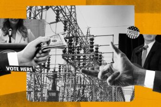 A collage of black and white images of hands and electrical transmission towers