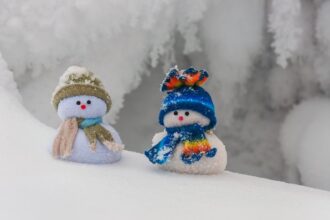 Two tiny snowmen standing in the snow of winter.