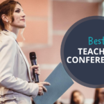 Woman holding a microphone and speaking to a group. Text reads Best Education Conferences.