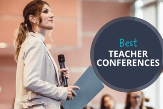 Woman holding a microphone and speaking to a group. Text reads Best Education Conferences.