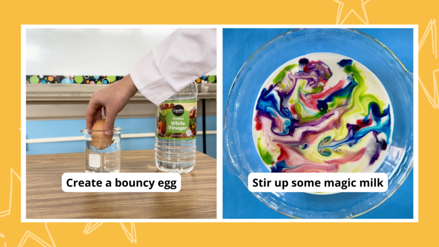 SIde by side images of preschool science activities