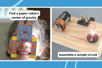 Collage of 3rd grade science projects, including gravity robot and simple circuit