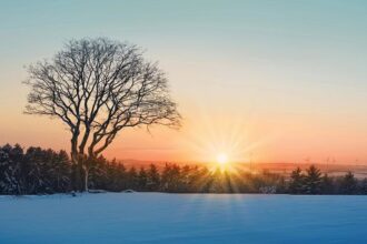 A sunrise in January over a cold and snowy landscape.