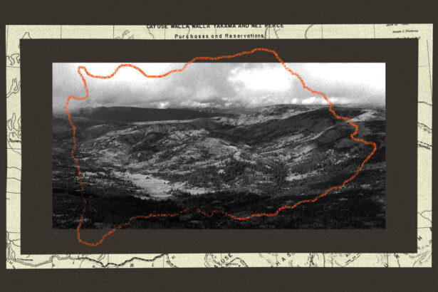 A collage of a large swath of land with map texture behind it and a reddish outline of the Yakama Reservation