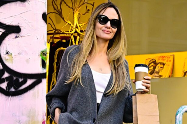 Angelina Jolie’s Celebrity Mom Gray Cardigan Look for Just !