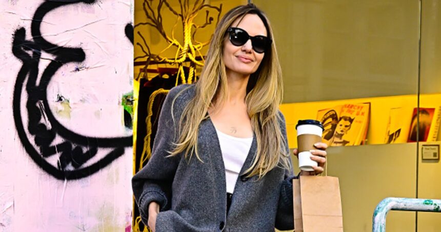 Angelina Jolie’s Celebrity Mom Gray Cardigan Look for Just !