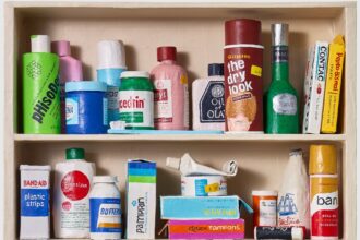 a paper mache sculpture of a medicine cabinet filled with over the counter medicines, prescriptions, and other bathroom goods