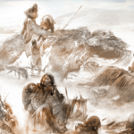 An illustration of Clovis people hunting mammoths.