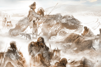 An illustration of Clovis people hunting mammoths.