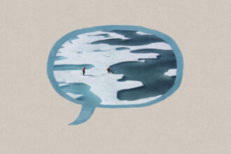 Illustrated speech bubble with picture of researchers on melting sea ice