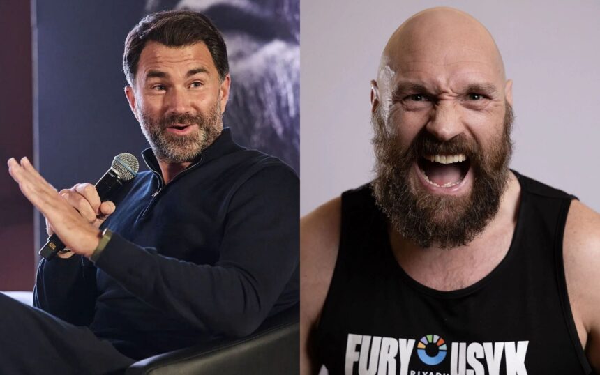 Eddie Hearn (left) speculates on how Tyson Fury (right) not speaking to his wife for 3 months could impact his fight with Oleksandr Usyk [Images courtesy: Getty Images]