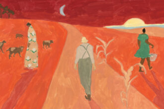 An illustration of three people -- a woman with goats, a person with suspenders and a sun hat, and a woman in a blue dress near yellow plants -- under a darkening sky with moon and sunset