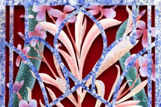 the side view of a painting on wood and velvet of otherworldly pink and purple flowers behind an ornate barrier reminiscent of wrought iron