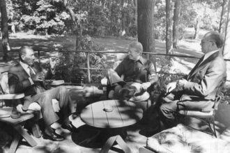 From left, Egyptian President Anwar Sadat, Carter and Israeli Prime Minister Menachem Begin meet at Camp David on Sept. 6, 1978. The three leaders hammered out a historic peace agreement.