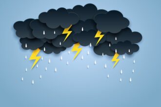 Monsoon, Rainy Season background . cloud rain and thunderbolt hanging on blue sky. paper art style.vector.