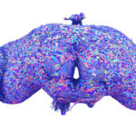 Digital reconstructions of blue, pink and purple cells make up a fruit fly brain, which is on a white background.