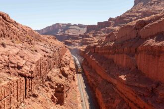 A freight train near Moab, Utah, makes its way up a steep grade