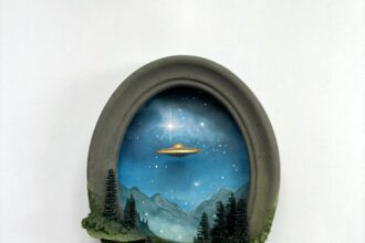 within a miniature ovoid frame, a detailed diorama depicts a landscape with a hovering UFO