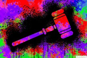 Concept illustration depicting messy litigation with an illustrated gavel on a multicolored background