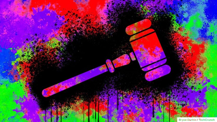 Concept illustration depicting messy litigation with an illustrated gavel on a multicolored background