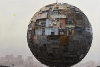 a science fiction-inspired painting of a giant orb covered in architectural elements and signs, hovering over a darkened, detritus-covered landscape