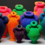 a group of seemingly glowing or fluorescing vase sculptures in different colors and pudgy shapes