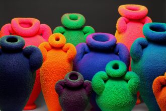 a group of seemingly glowing or fluorescing vase sculptures in different colors and pudgy shapes