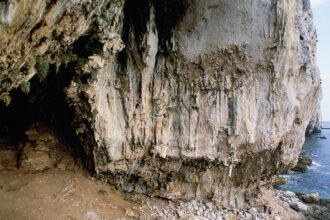 The opening of a cave along an ocean coast.