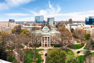 An aerial view of the state capitol building in Raleigh, North Carolina