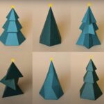 a screenshot from a video showing ten green, sculptural Christmas trees made from paper