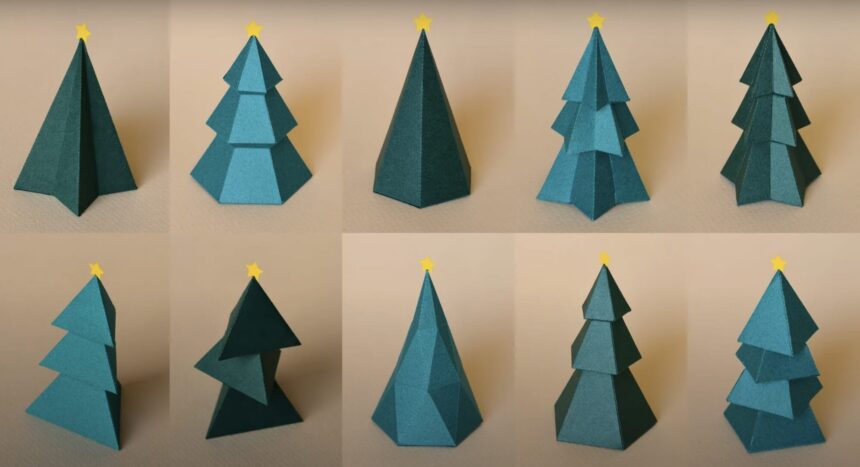 a screenshot from a video showing ten green, sculptural Christmas trees made from paper