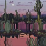 a vibrant desert landscape that stretches into digital glitches