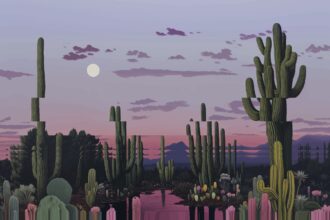 a vibrant desert landscape that stretches into digital glitches