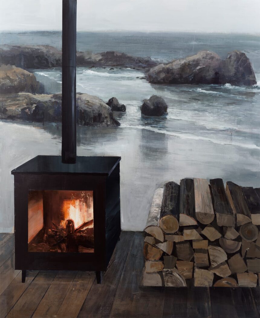 a painting of a wood stove with a fire inside in front of a pond with stones in it